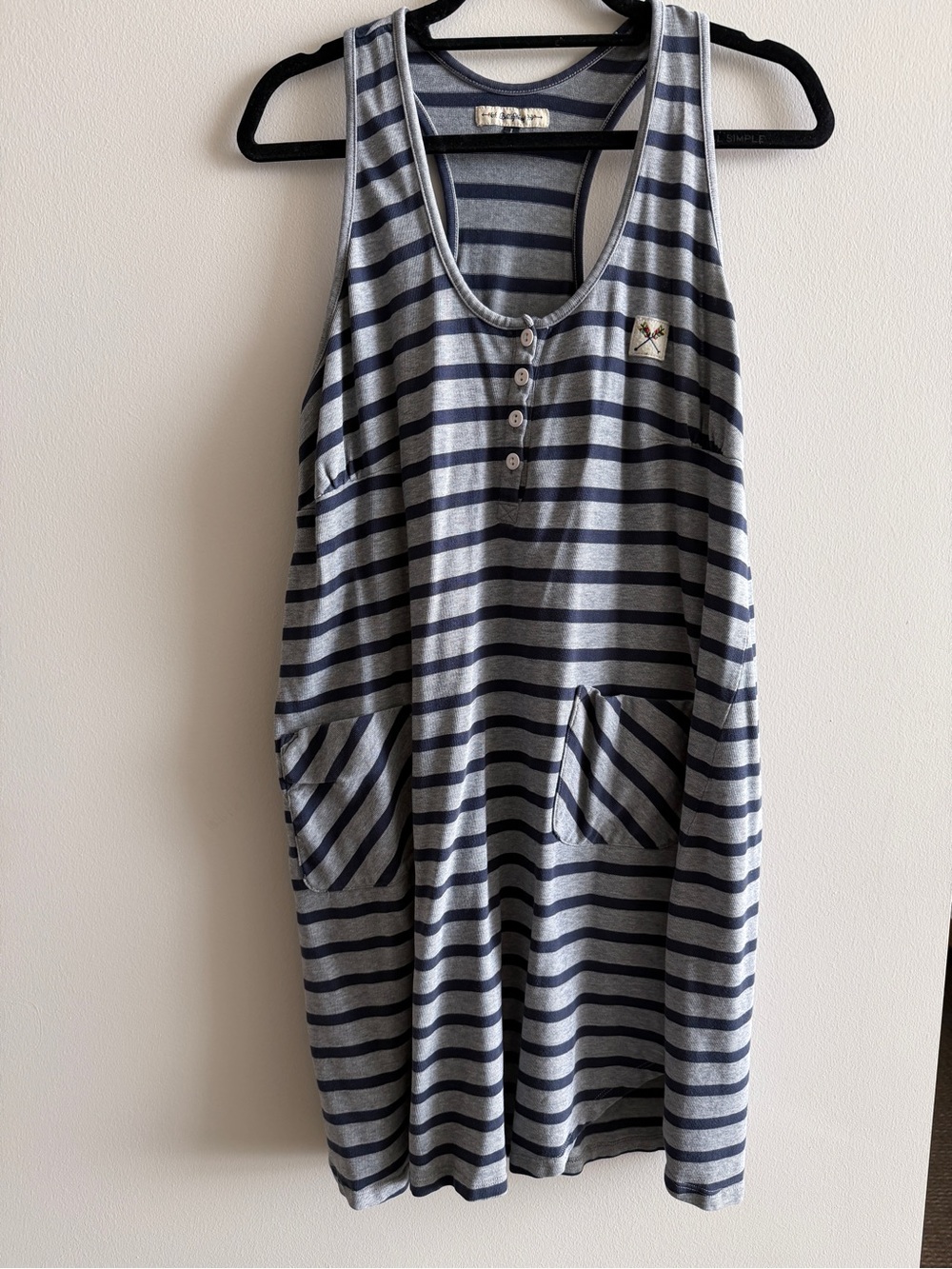 Vintage Built By Wendy Striped Navy and Gray Sleeveless Mini Dress with pockets